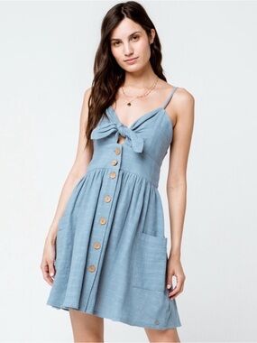 Roxy Blue Tie-Front Button-Down Sundress 100% Cotton